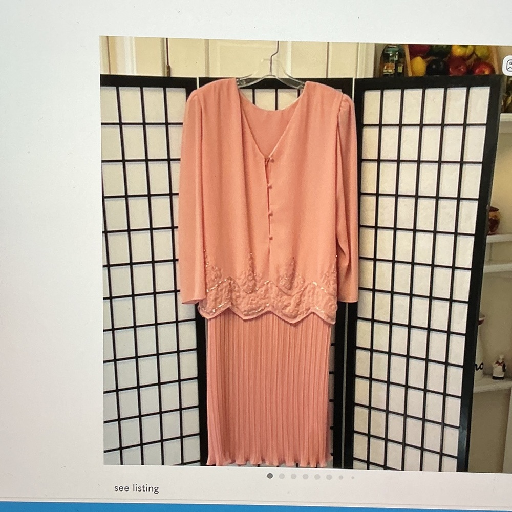 Peach Pink Long Sleeve Women's Two-Piece Dress Set with Beaded Hem